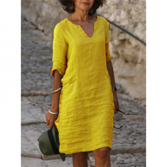 Cotton Linen Dress 3 Quarter Vintage Casual V Neck Loose Waist Midi Beach Dress Women Clothing Green Blue Yellow Robe