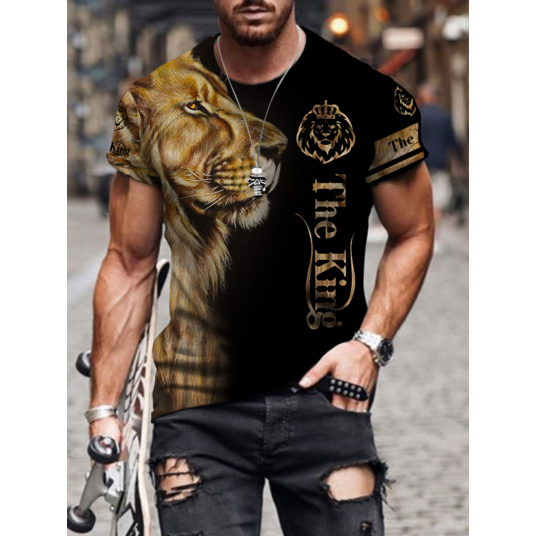 Lion Fashion Short Sleeve Top Micro Elastic T Shirt For Men
