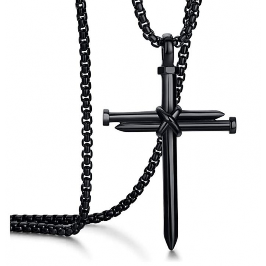 Black Stainless Steel Necklace Nail Cross Pendant-Chain
