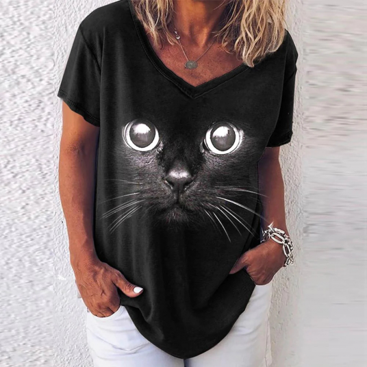 3D Cats Print Black Kawaii Women's T-shirt V-neck Female Clothing Oversized