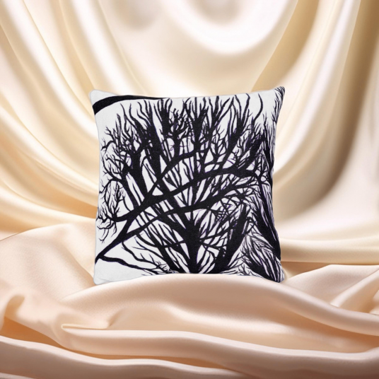 Winter Tree Black and White Square Pillow - Pink Back
