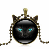 Black Cat Face With Stunning Blue Eyes Necklace