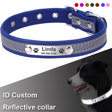 Reflective Personalized Dog Collar - Leather - Bite Resistant - For Puppies and Adult Dogs - Collar Engrave: Name & Phone Number