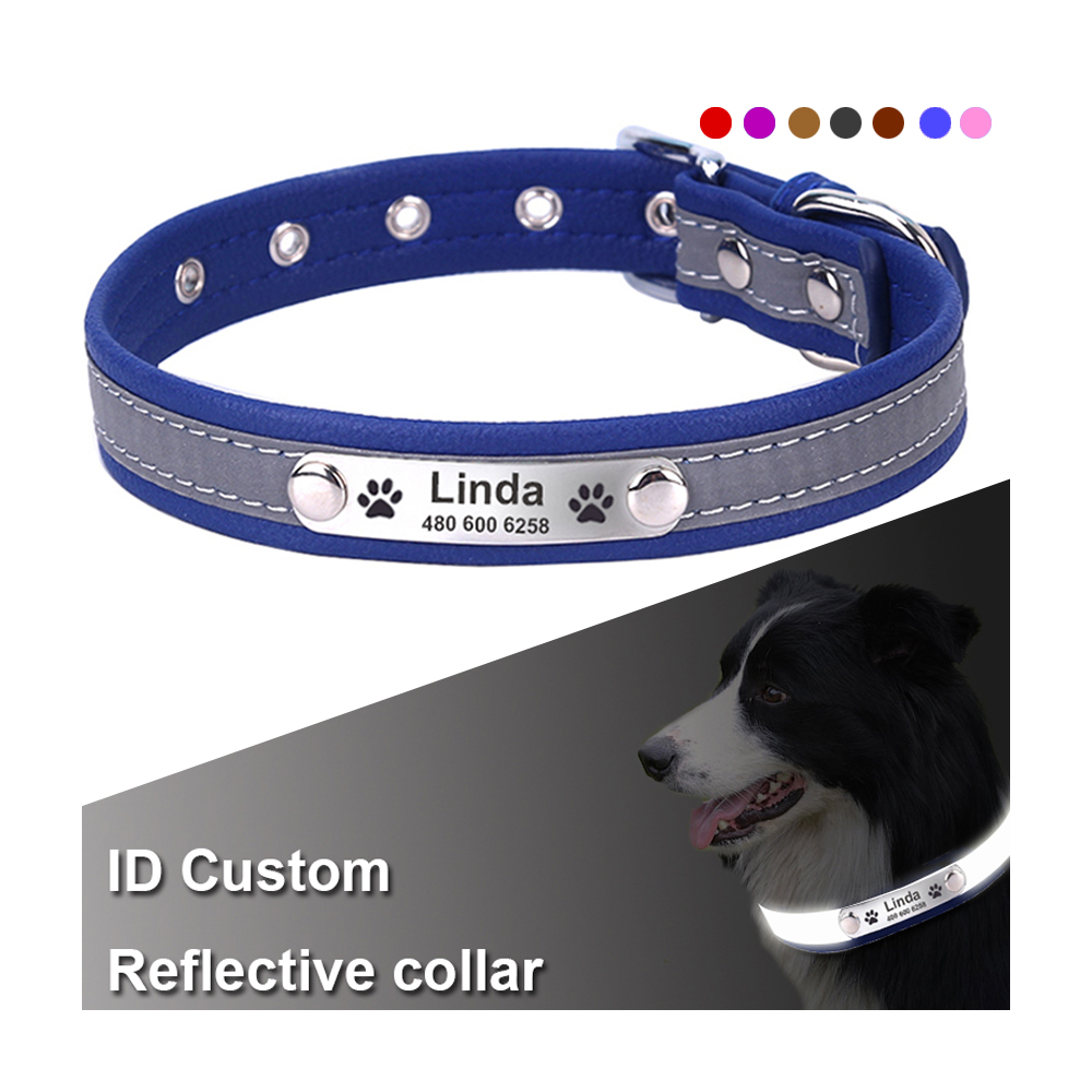 Reflective Personalized Dog Collar Leather Bite Resistant For