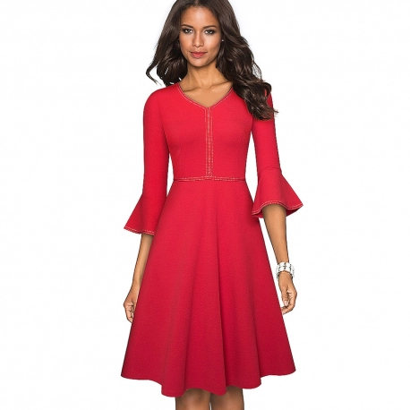 Flared Sleeve Dress Cocktail Party Women Swing A-line Dress