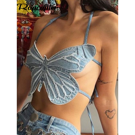 Butterfly Jeans Crop Top Backless Strap Camis, Women Beach Holiday Mini Vest Summer Tee