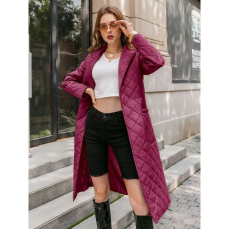 Long straight winter coat with rhombus pattern