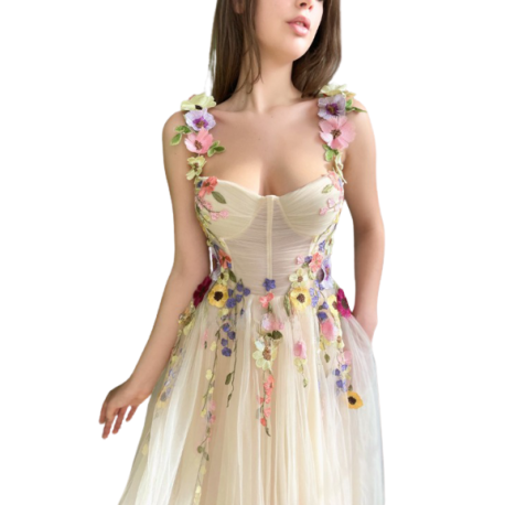 Floral Tulle Prom Tea Length Dress