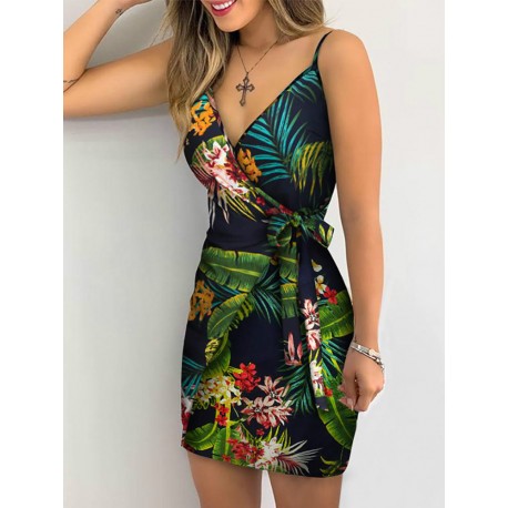 Women Sleeveless Tropical Print V-neck Mini Dress
