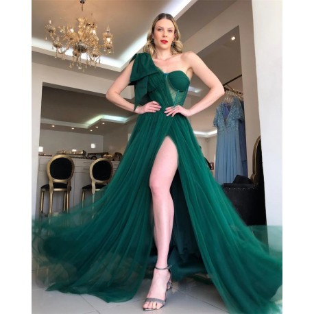 Tulle One Shoulder A-line Prom Sexy Side Split Party Dress