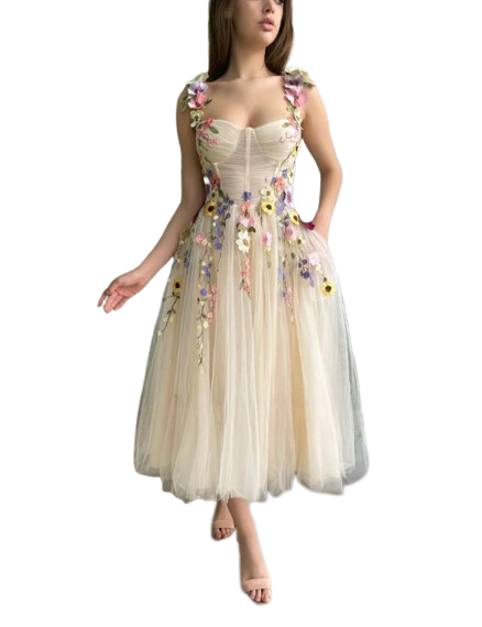 Booma Beige Floral Tulle Midi Prom Dress-1