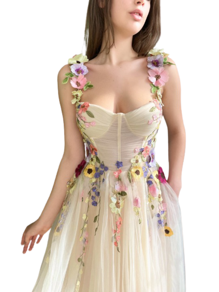 Booma Beige Floral Tulle Midi Prom Dress-2