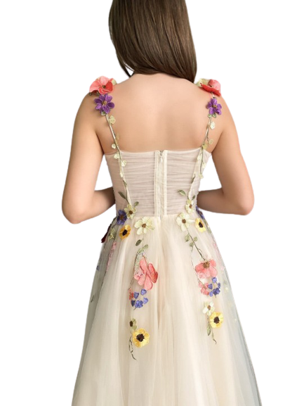 Booma Beige Floral Tulle Midi Prom Dress-4