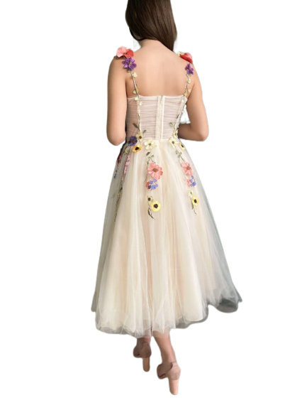 Booma Beige Floral Tulle Midi Prom Dress-5