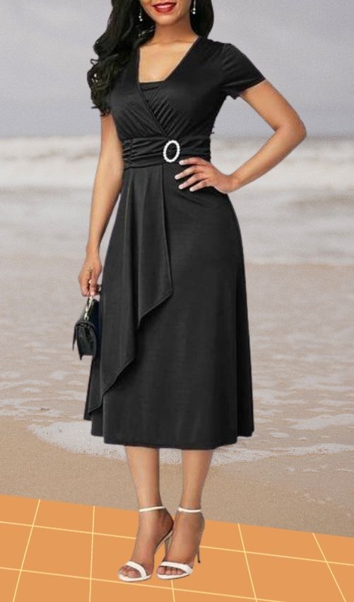 14-Elegant-Women-Solid-Color-Short-Sleeve-V-Neck-Asymmetric-Hem-Waist-Tight-Midi-Party-Dress Black