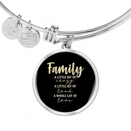 Stainless Steel Luxury Bangle With Circle Pendant | Family - A Little Bit Of Crazy, A Little Bit Of Loud, A Whole Lot Of Love