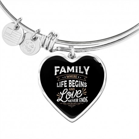 Stainless Steel Luxury Bangle With Heart Pendant | Family - Where Life Begins, And Love Never Ends