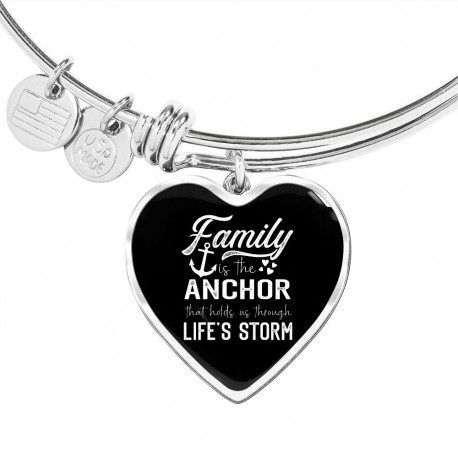 Stainless Steel Luxury Bangle With Heart Pendant | Family Is The Anchor That Holds Us Through Lifes Storm