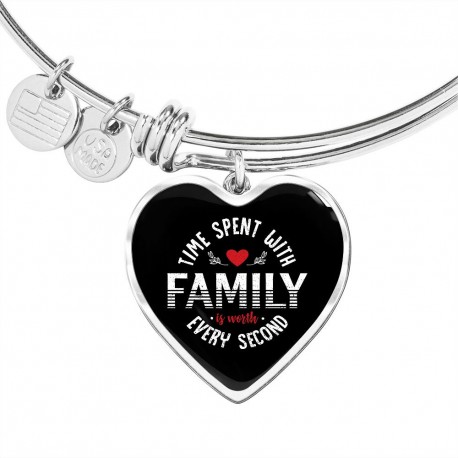 Stainless Steel Luxury Bangle With Heart Pendant | Time Spent With Family Is Worth Every Second