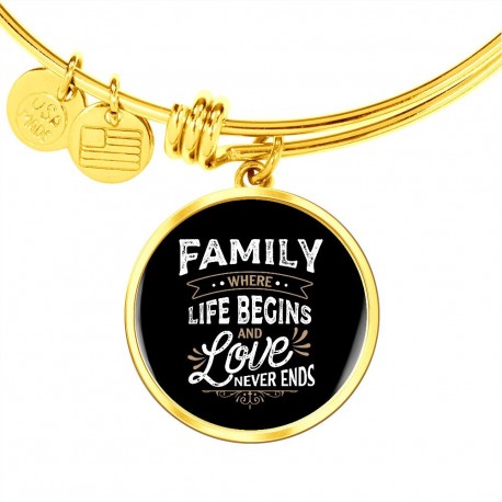 Gold Luxury Bangle With Circle Pendant | Family - Where Life Begins, And Love Never Ends