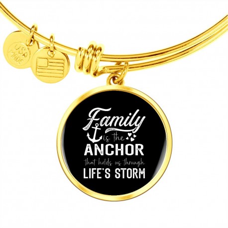 Gold Luxury Bangle With Circle Pendant | Family Is The Anchor That Holds Us Through Lifes Storm