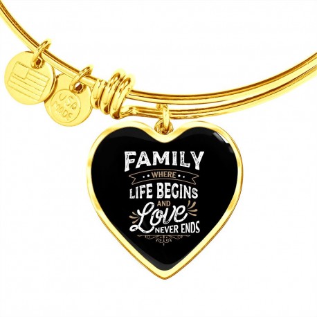 Gold Luxury Bangle With Heart Pendant | Family - Where Life Begins, And Love Never Ends