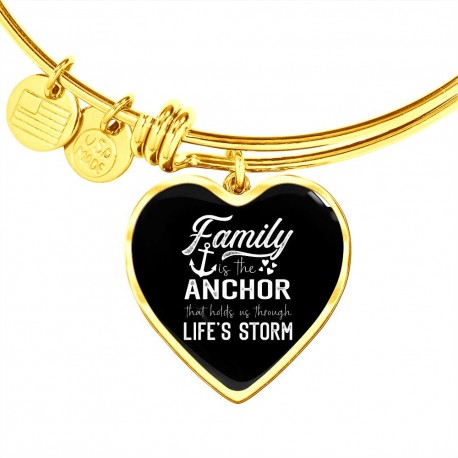 Gold Luxury Bangle With Heart Pendant | Family Is The Anchor That Holds Us Through Lifes Storm