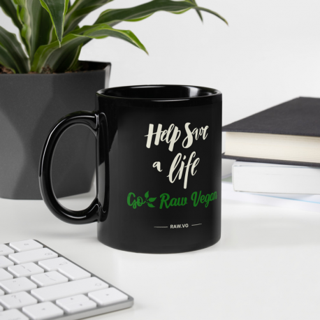 Help Save A Life Go Raw Vegan Black Glossy Mug (USA Only)