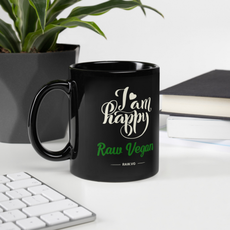 I Am Happy Raw Vegan V2 Black Glossy Mug (USA Only)