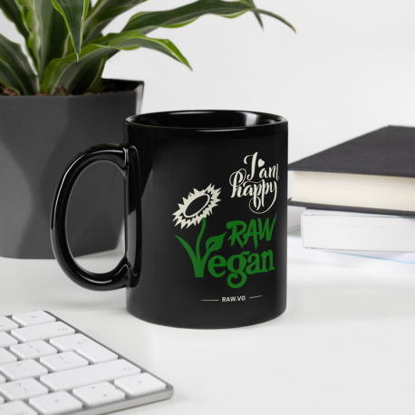 I Am Happy Raw Vegan V1 Black Glossy Mug (USA Only)