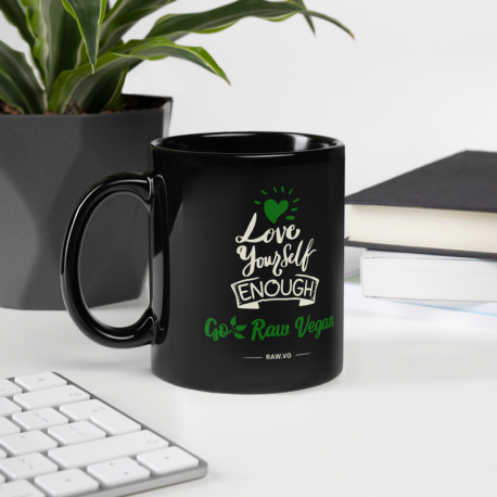 Love Yourself Enough Go Raw Vegan Black Glossy Mug (USA Only)