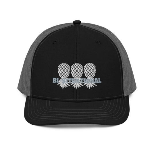 Bi-Situational 3 White/Gray Upside Down Pineapple Embroidery On Richardson Trucker Hat