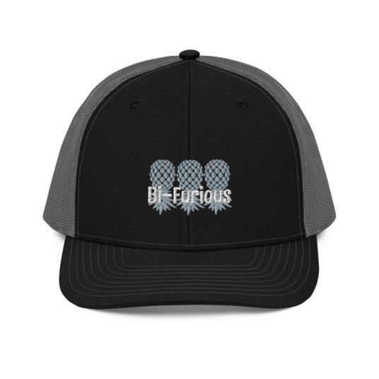 Bi-Furious 3 Gray/White Upside Down Pineapples Embroidery On Richardson Trucker Hat