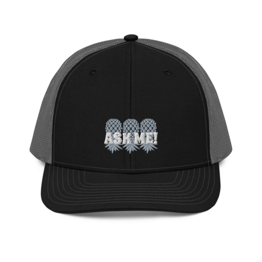 Ask Me 3 Gray/White Upside Down Pineapples Embroidery On Richardson Trucker Hat