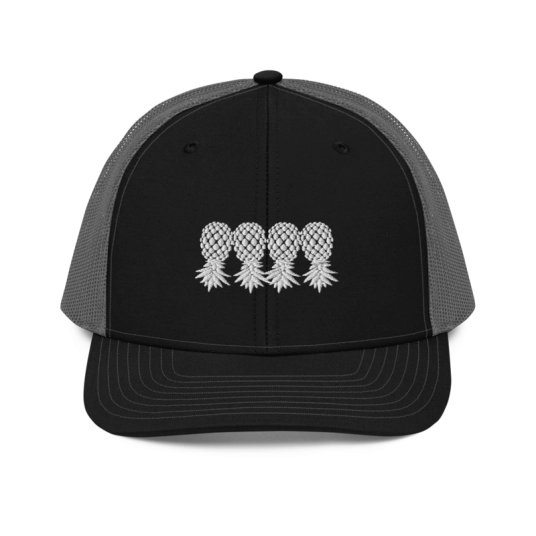 4 White Upside Down Pineapples Embroidery On Richardson Trucker Hat
