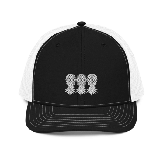 3 White Upside Down Pineapples Embroidery On Richardson Trucker Hat