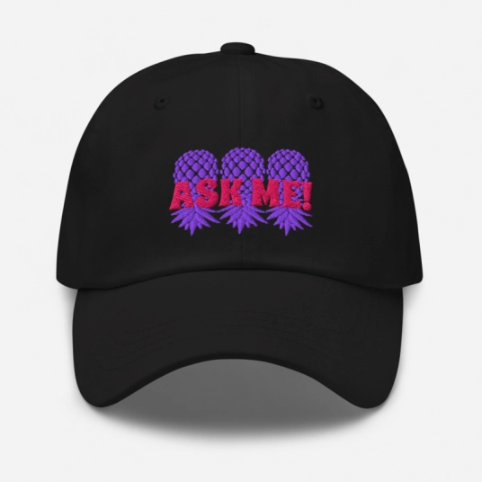 Ask Me 3 Purple/Pink Upside Down Pineapples Embroidery On Buckle Back Classic Dad Hat