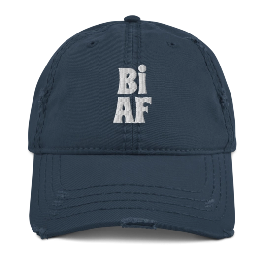 Bi AF White Embroidery On Unstructured Distressed Dad Hat With Hook and Loop Closure