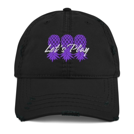 Let's Play Upside Down Pineapple Purple Embroidery On Unstructured Distressed Dad Hat With Hook and Loop Closure