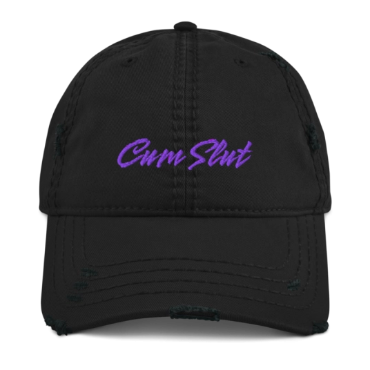 Cum Slut Purple Embroidery On Unstructured Distressed Dad Hat With Hook and Loop Closure