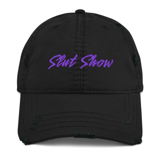 Slut Show Purple Embroidery On Unstructured Distressed Dad Hat With Hook and Loop Closure