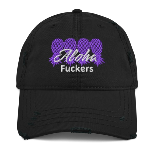 Aloha Fuckers 4 Purple/White Upside Down Pineapple Embroidery On Unstructured Distressed Dad Hat With Hook and Loop Closure