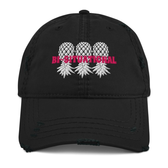 Bi-Situational 3 White/Pink Upside Down Pineapple Embroidery On Unstructured Distressed Dad Hat With Hook and Loop Closure
