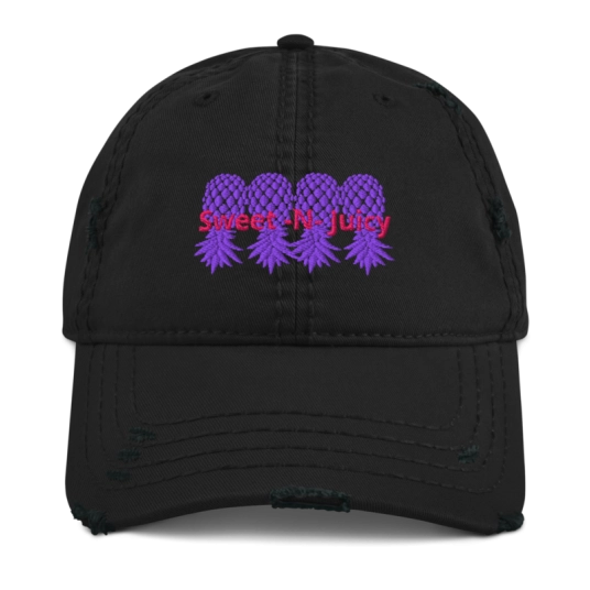 Sweet N Juicy 4 Purple/Pink Upside Down Pineapple Embroidery On Unstructured Distressed Dad Hat With Hook and Loop Closure