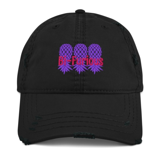 Bi-Furious 3 Purple/Pink Upside Down Pineapples Embroidery On Unstructured Distressed Dad Hat With Hook and Loop Closure