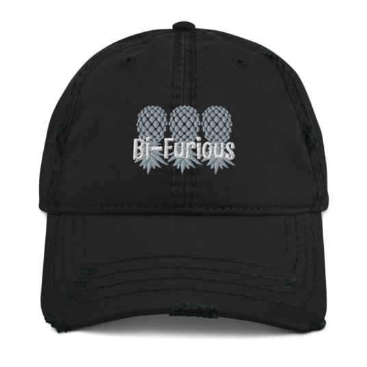 Bi-Furious 3 Gray/White Upside Down Pineapples Embroidery On Unstructured Distressed Dad Hat With Hook and Loop Closure