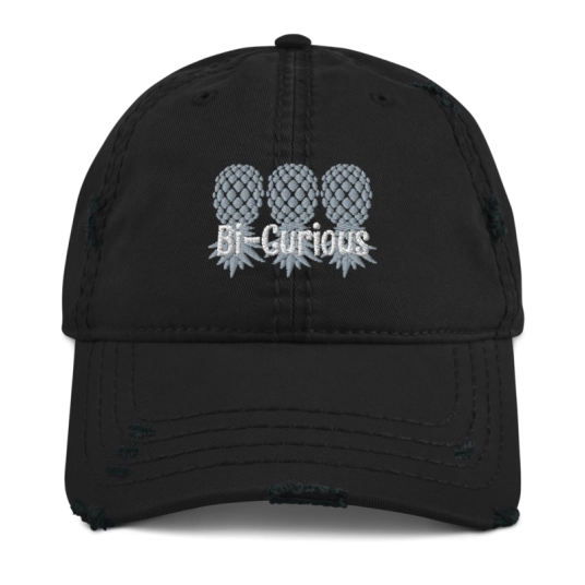 Bi-Curious 3 Gray/White Upside Down Pineapples Embroidery On Unstructured Distressed Dad Hat With Hook and Loop Closure