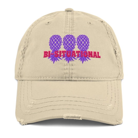 Bi-Situational 3 Purple /Pink Upside Down Pineapples Embroidery On Unstructured Distressed Dad Hat With Hook and Loop Closure