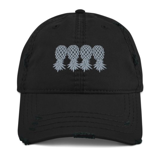 4 Gray Upside Down Pineapples Embroidery On Unstructured Distressed Dad Hat With Hook and Loop Closure