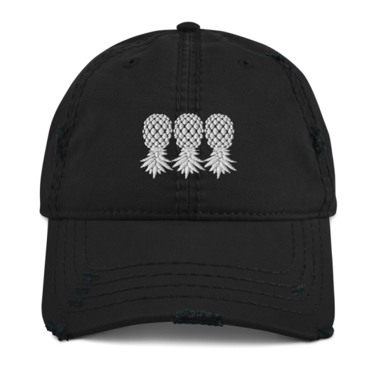 3 Gray Upside Down Pineapples Embroidery On Unstructured Distressed Dad Hat With Hook and Loop Closure